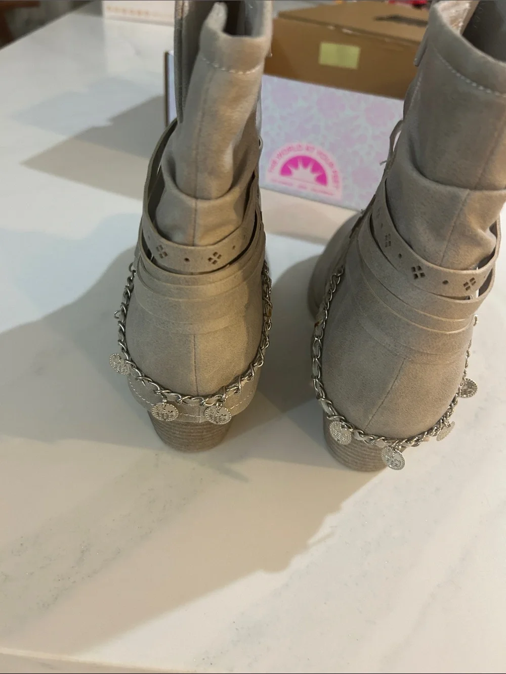 Jellypop Beige Suede Ankle Boots with Silver Chain Charm